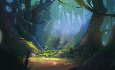 Game Art Fantasy Forest Environment. Digital CG Artwork, Concept Illustration, Realistic Cartoon Style Scene Design