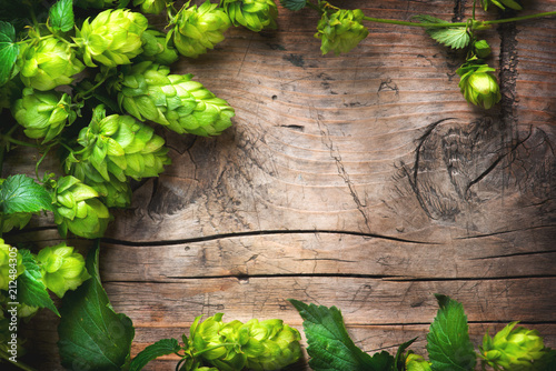 Fotomural Hop twig over old wooden cracked table background