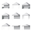 Set Canopy shed overhang awning mockup set. Cartoon style illustration of 9 canopy shed overhang awning mockups promotional outdoor event trade show pop-up tent mobile marquee, isolated