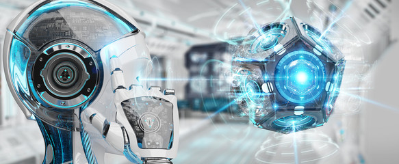 Aufkleber - White woman humanoid using drone security camera 3D rendering