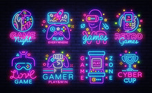 Big Collection Video Games Logos Vector Conceptual Neon Signs. Video Games Emblems Design Template, Modern Trend Design, Bright Vector Illustration, Promotional Games, Light Banner. Vector