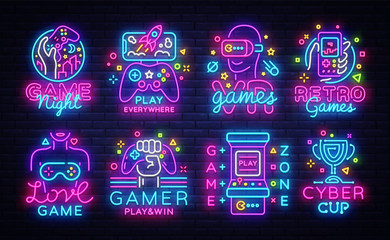 big collection video games logos vector conceptual neon signs. video games emblems design template, 