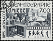Cinematograph of Lumiere brothers on postage stamp