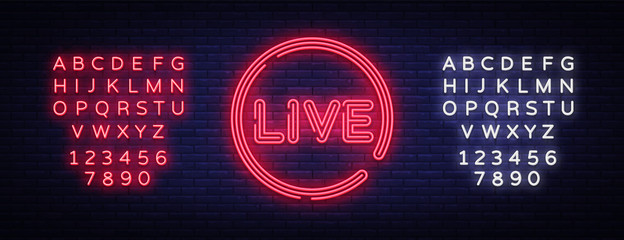 Wall Mural - Live neon sign vector. Live Stream design template neon sign, light banner, neon signboard, nightly bright advertising, light inscription. Vector illustration. Editing text neon sign