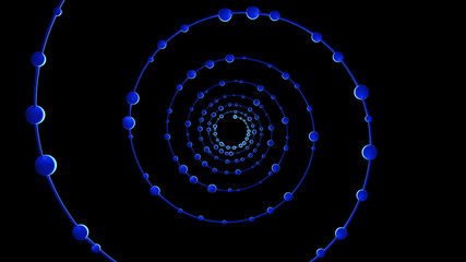 Poster - Blue circles spiral shape on black background, optical illusion. Abstract pattern texture design element. 3d lines illustration background