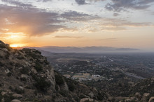 Sunrise View Of Porter Ranch In The San Fernando Valley Area Of Los Angeles, California.  Shot From Rocky Peak Mountain Park.  