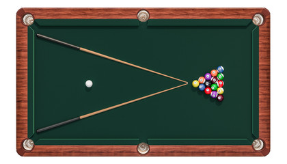 Poster - Billiard table with balls and cue, top view. 3D rendering