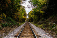 An Abandoned Railroad In The Middle Of A Forest In Fall