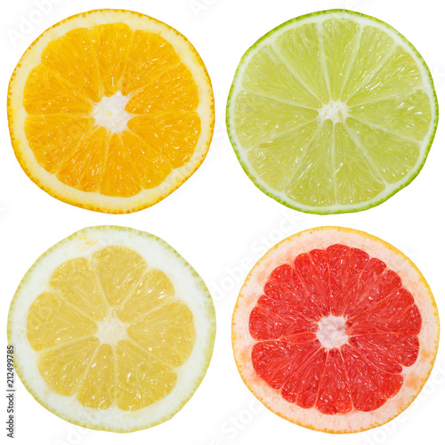 Fotografie, Obraz Zitrusfrüchte Südfrüchte Sammlung Orange Zitrone Früchte Quadrat geschnitten Häl