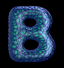 Blue plastic letter B with abstract holes. 3d