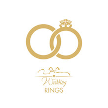 Wedding Logo. Gold Wedding Rings. Attributes And Decoration Ceremony. The Symbol Of Faith, Love, Care, Happiness, Mutual Understanding, Strength.
