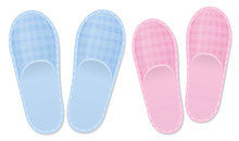 Bedroom Slippers. Love Couple Set For Him And Her, Father And Mother Or For The Grandparents. Pink And Blue Vintage Style Footwear With Checked Gingham Pattern. Isolated Vector Illustration On White.