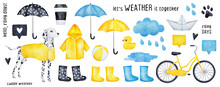 Collection Of Colorful Rainy Season Symbol Illustration. Rubber Toys, Waterproof Clothes, Sky, Drops, Bike, Coffee Cup. Hand Drawn Water Color Graphic On White Background, Isolated Clip Art Elements.