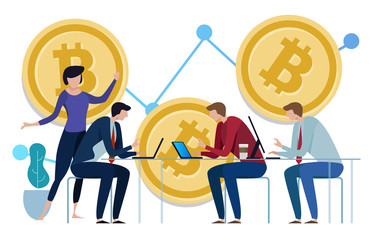 Poster - Golden Bitcoins chart up background. Graph of the growth of price. team work on investment management monitoring