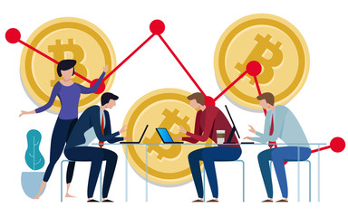 Poster - Golden Bitcoins chart down background. Graph of the negative growth of price. team work on investment management monitoring