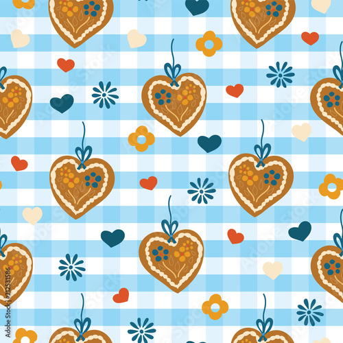 Fotografie, Obraz Oktoberfest Lebkuchenherz Gingerbread heart seamless vector pattern on a blue and white checkered background with blue, red, and white hearts and flowers