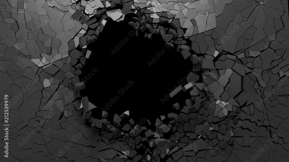Hole on a broken black wall blank space. 3d illustration. - obrazy, fototapety, plakaty 