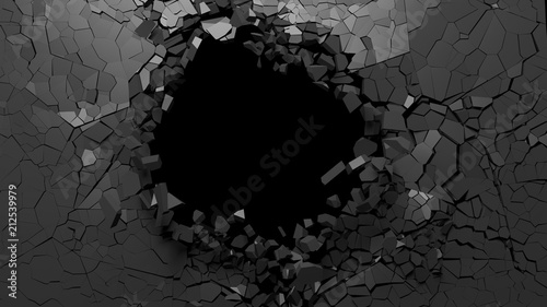 Fotografía Hole on a broken black wall blank space. 3d illustration.