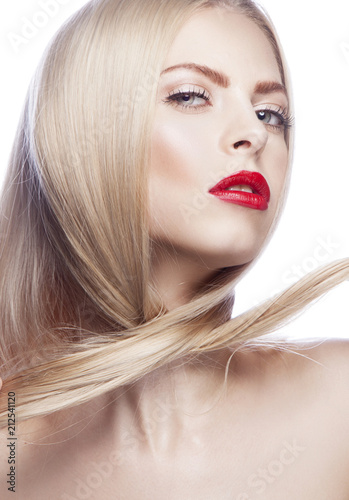 Beauty Girl Close Up Portrait Bright Make Up Clean Skin Blonde