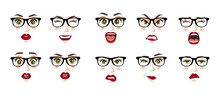 Comic Emotions. Woman With Glasses Facial Expressions, Gestures, Emotions Happiness Surprise Disgust Sadness Rapture Disappointment Fear Surprise Joy Smile Despondency. Cartoon Icons Set Isolated.
