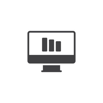 Computer monitor with graph chart vector icon. filled flat sign for mobile concept and web design. Monitor with analytics diagram simple solid icon. Symbol, logo illustration. Pixel perfect vector