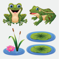 Wall Mural - Set of cartoon frog and water lily