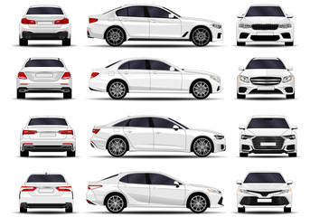 realistic cars set. sedan. front view; side view; back view.