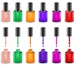 Set of realistic opened nail polish bottles with paint splashes in different colors and closed nail polish bottles. Mesh gradient objects. Nail care salon symbols. Vector illustration