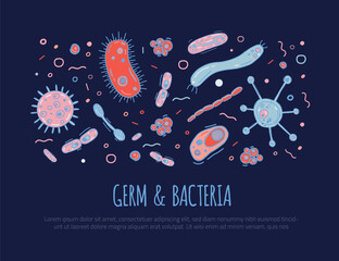 Hand drawn germ and bacteria banner for disease viruses flyers, brochures. Colorful flat vector illustration on dark background.