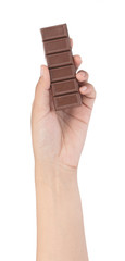 Canvas Print - Hand holding Chocolate bar isolated on white background