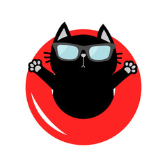 Poster - Black cat floating on red air pool water circle. Sunglasses. Lifebuoy. Hello Summer. Cute cartoon relaxing character icon. Water waves. Flat design.