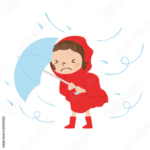雨と風の中 傘をさして歩く危険な状態の女の子のイラスト Buy This