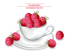 Raspberry In A White Cup Vector Realistic. Summer Fruits Delicious Template. 3d Detailed Illustrations