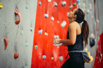 Wall Mural - Side view of athletic woman wearing sport outfit climbing indoors