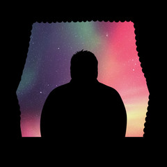 Sticker - Man looks out window at night. Vector illustration with silhouettes of man and wavy curtains. Northern lights in starry sky. Colorful aurora borealis