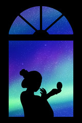 Sticker - Making makeup near window at night. Vector illustration with silhouette of girl with mirror. Northern lights in starry sky. Colorful aurora borealis.
