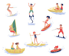 Extreme Water Sports Set, Waterski, Flyboarding, Windsurfing, Surfing, Paddleboarding, Wakeboarding Water Sport Activities Cartoon Vector Illustrations