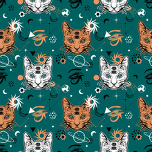 80s-90s Style Seamless Pattern With Cat. Fashion Mystic Background.