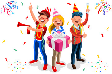 Happy birthday concept with characters. Indoor adult celebration with job colleagues group. Isometric male gift theme for man surprise. Flat Isometric characters illustration vector background