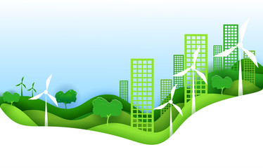 Poster - eco city concept poster in paper art origami style. vector illustration paper cut design. green town