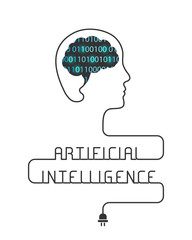 Artificial intelligence concept with brain made of binary code and wire forming the head and words 