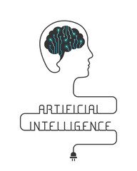 Poster - Artificial intelligence concept with brain made of circuits and wire forming the head and lettering the words