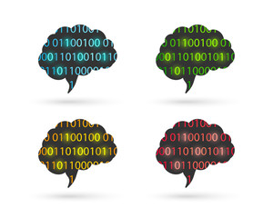Poster - Brain with binary code and numbers concept. Icon set in blue, green, yellow and red colors.