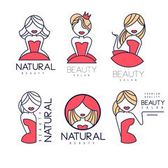 Sticker - Creative beauty salon emblems in linear style. Geometric logos with gentle women silhouettes and text. Vector labels for natural cosmetics