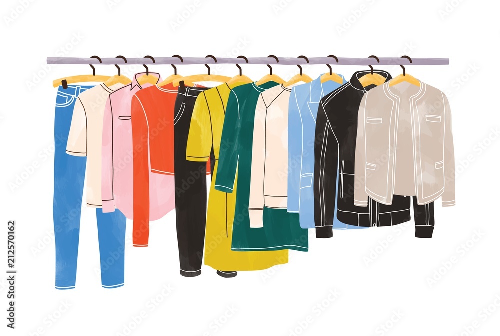 Colored clothes or apparel hanging on hangers on garment rack or rail isolated on white background. Clothing organization or storage. Inner space of closet or wardrobe. Hand drawn vector illustration. - obrazy, fototapety, plakaty 