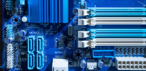 Poster - Electronic circuits in futuristic technology concept. Motherboard computer on blue background. Microchip digital data