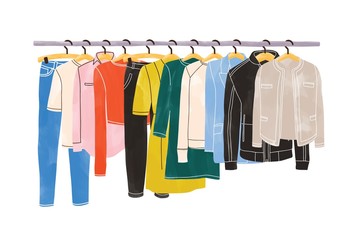 colored clothes or apparel hanging on hangers on garment rack or rail isolated on white background. 