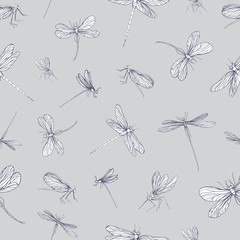 Poster - Seamless pattern with dragonflies hand drawn with contour lines on grey background. Backdrop with beautiful flying insects. Vector illustration in elegant style for textile print, wrapping paper.