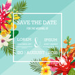 Wedding Invitation Template with Tiger Lily Flowers and Palm Leaves. Tropical Floral Save the Date Card. Exotic Flower Romantic Design for Greeting Postcard, Birthday, Anniversary. Vector illustration