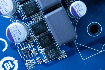 Poster - Electronic circuits in futuristic technology concept. Motherboard computer on blue background. Microchip digital data